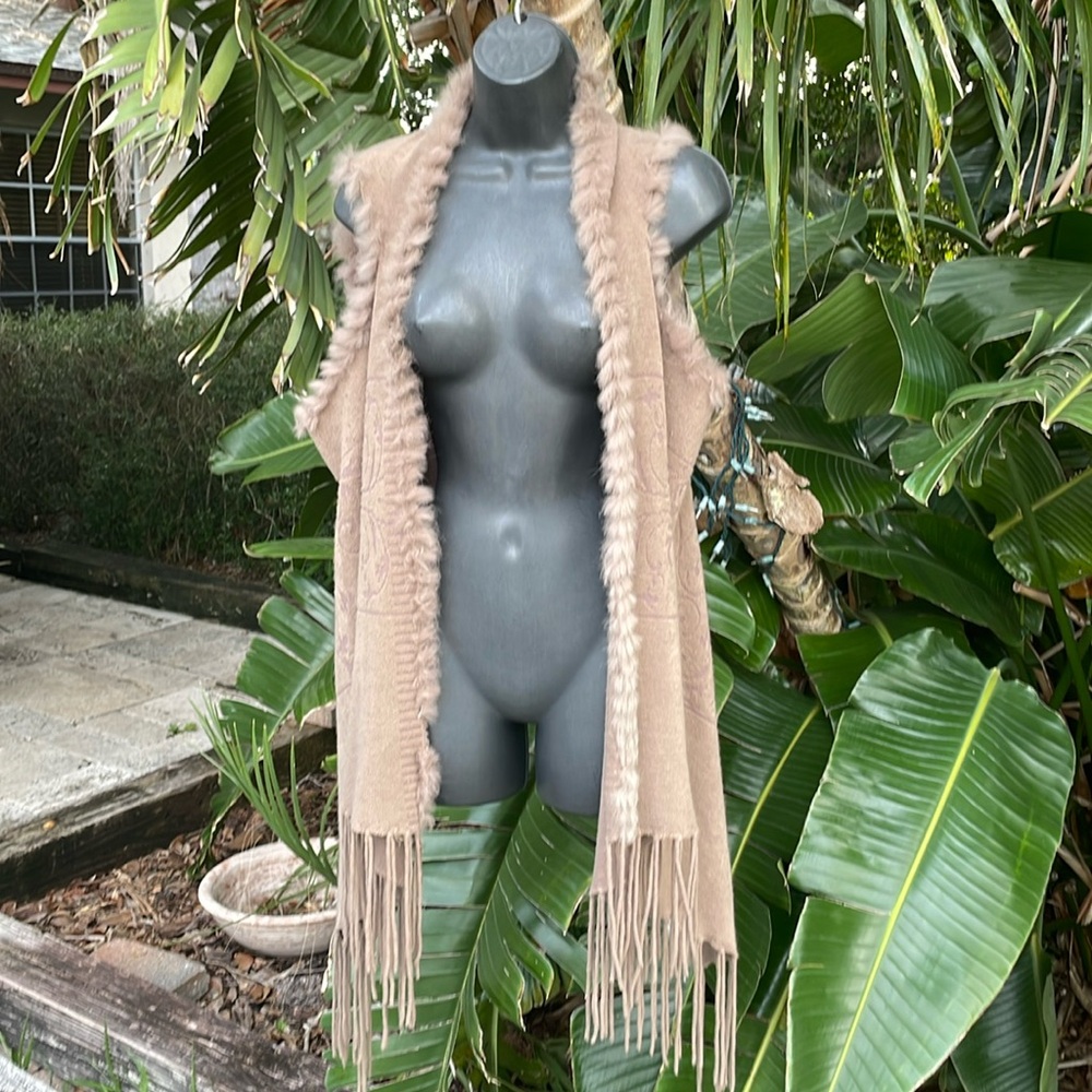 origami fur trimmed fringed vest